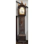 A Painted Pine Thirty-Hour Longcase Clock, the 11" arch brass dial with later added silvered disc,