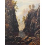 British School (19th/20th century)View of a rocky gorge with waterfall Oil on board, 88cm by 68cm