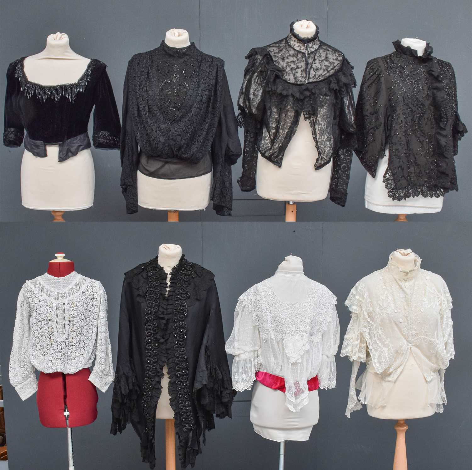 Late 19th Century Capes and Lace Chemises comprising a black velvet short sleeve bodice with