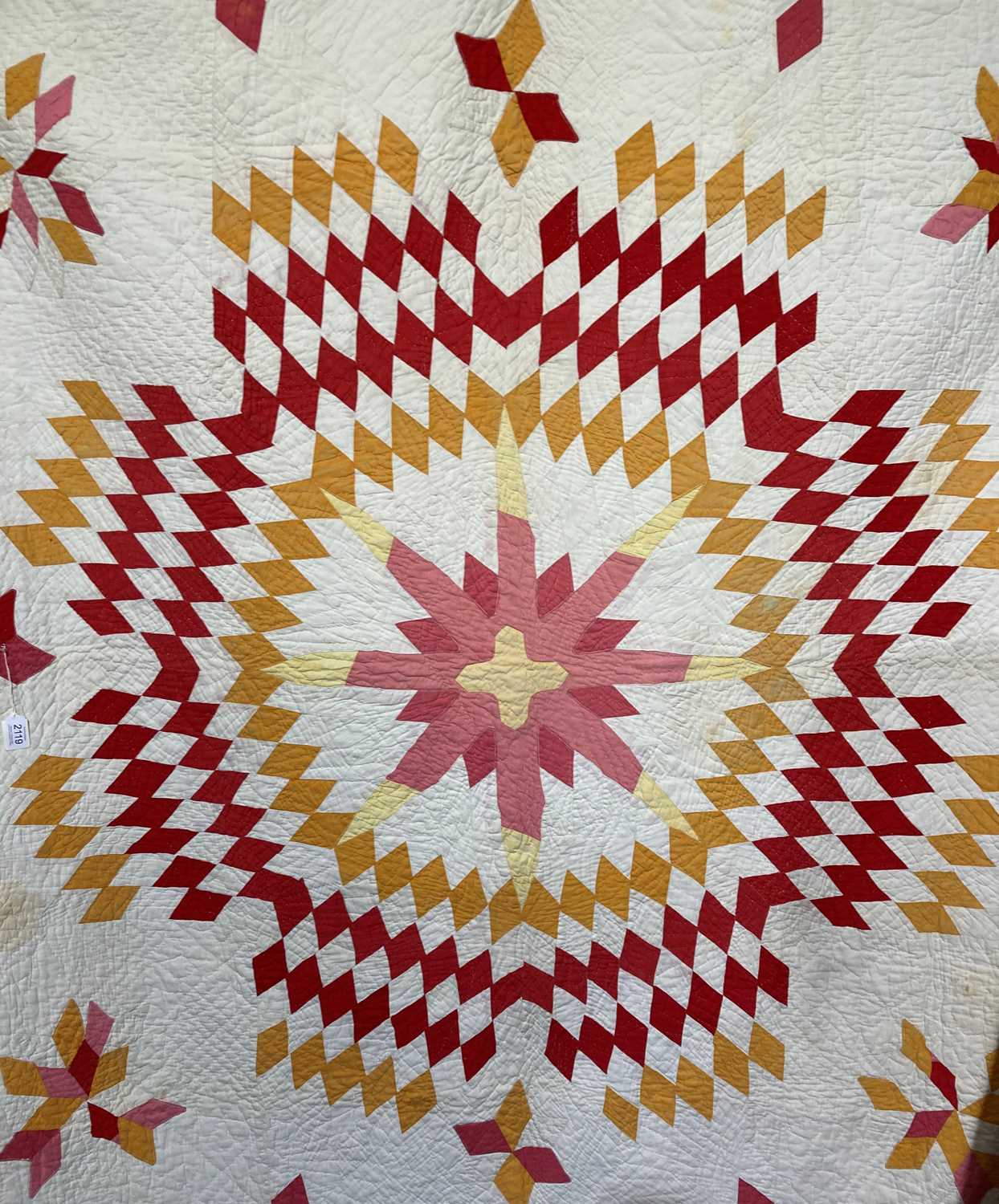 Late 19th Century North Country Star of Bethlehem or Lone Star Cotton Quilt, central pink star - Image 6 of 11