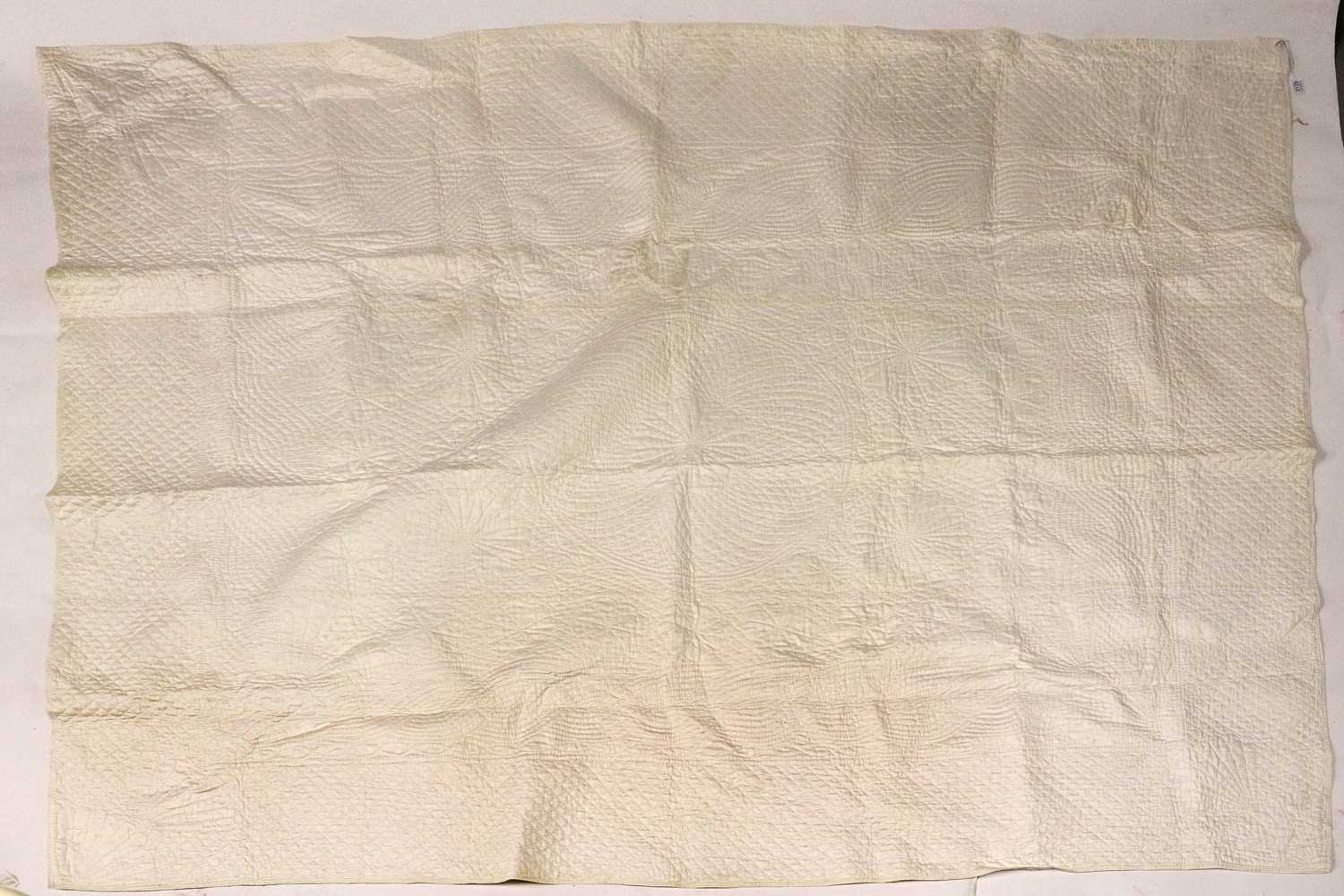 Late 19th Century White Cotton Whole Cloth Quilt, hand quilted with a central circle, flanked by - Image 2 of 9