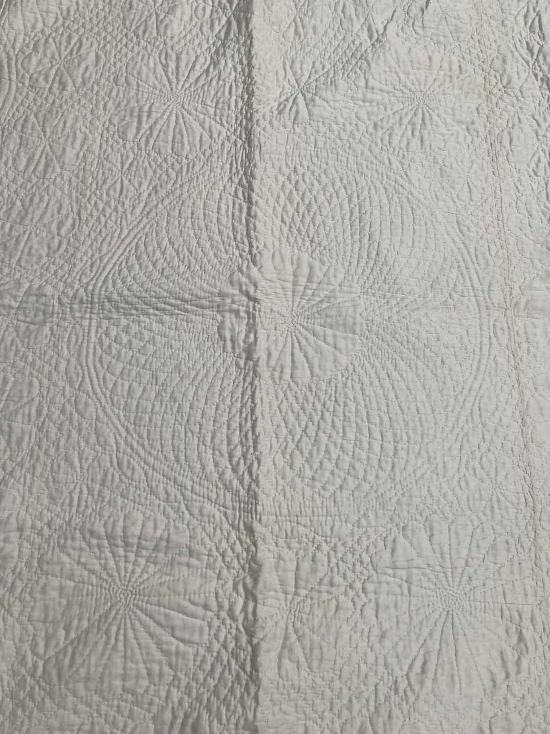 Late 19th Century White Cotton Whole Cloth Quilt, hand quilted with a central circle, flanked by - Image 9 of 9