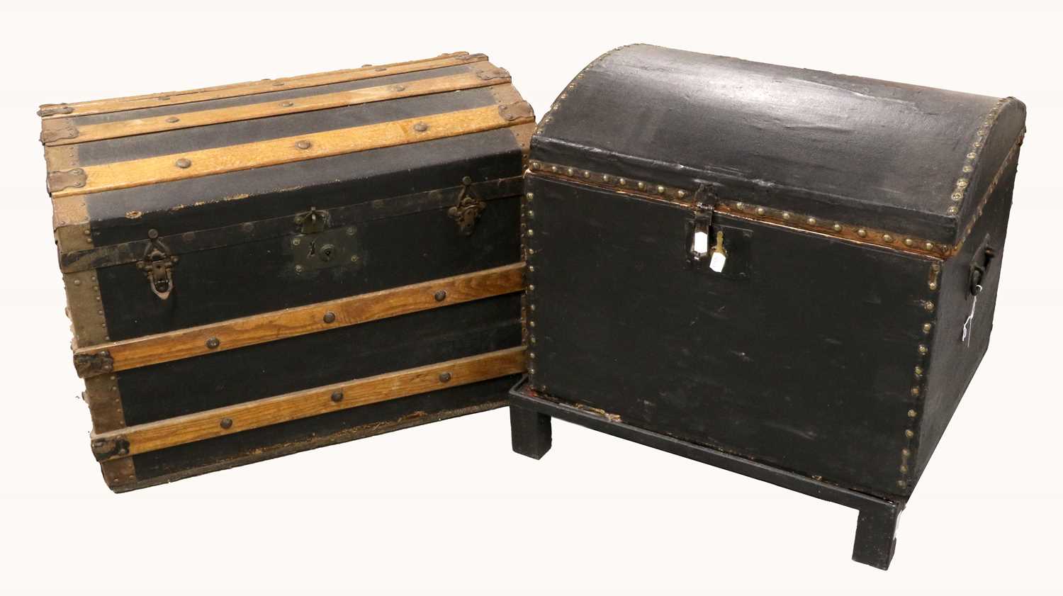 An Early 20th Century Domed Black Leatherette Mounted Hinged Trunk, on a black painted stand,