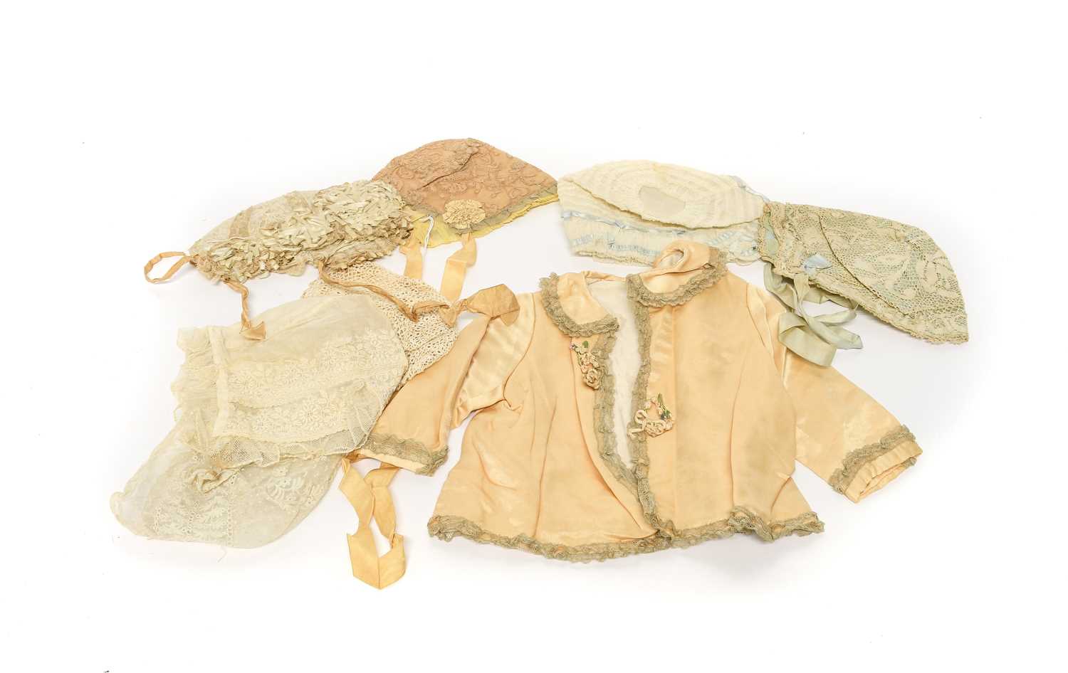 Late 19th and 20th Century Baby Bonnets and Costume, comprising a lace mounted bonnet of floral