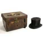 Lock & Co Black Silk Top Hat together with a Brown Leather Hat CaseHat - rubbing and wear to the