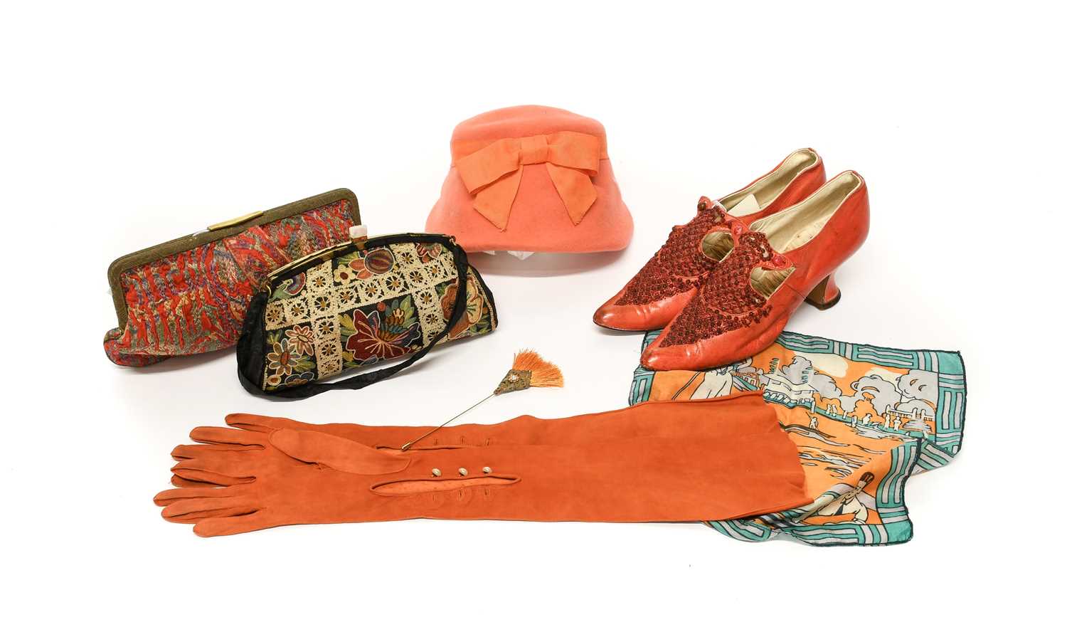 Assorted 19th Century and Later Costume Accessories, comprising a pair of Edwardian Stagg Mantle red