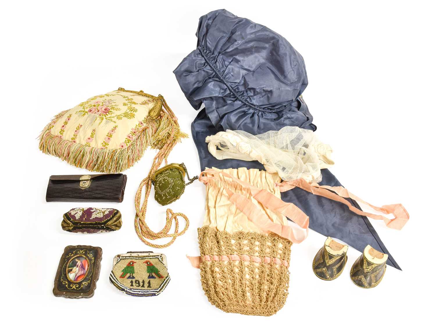 Assorted 19th Century and Later Costume Accessories comprising a pair of 19th century silvered