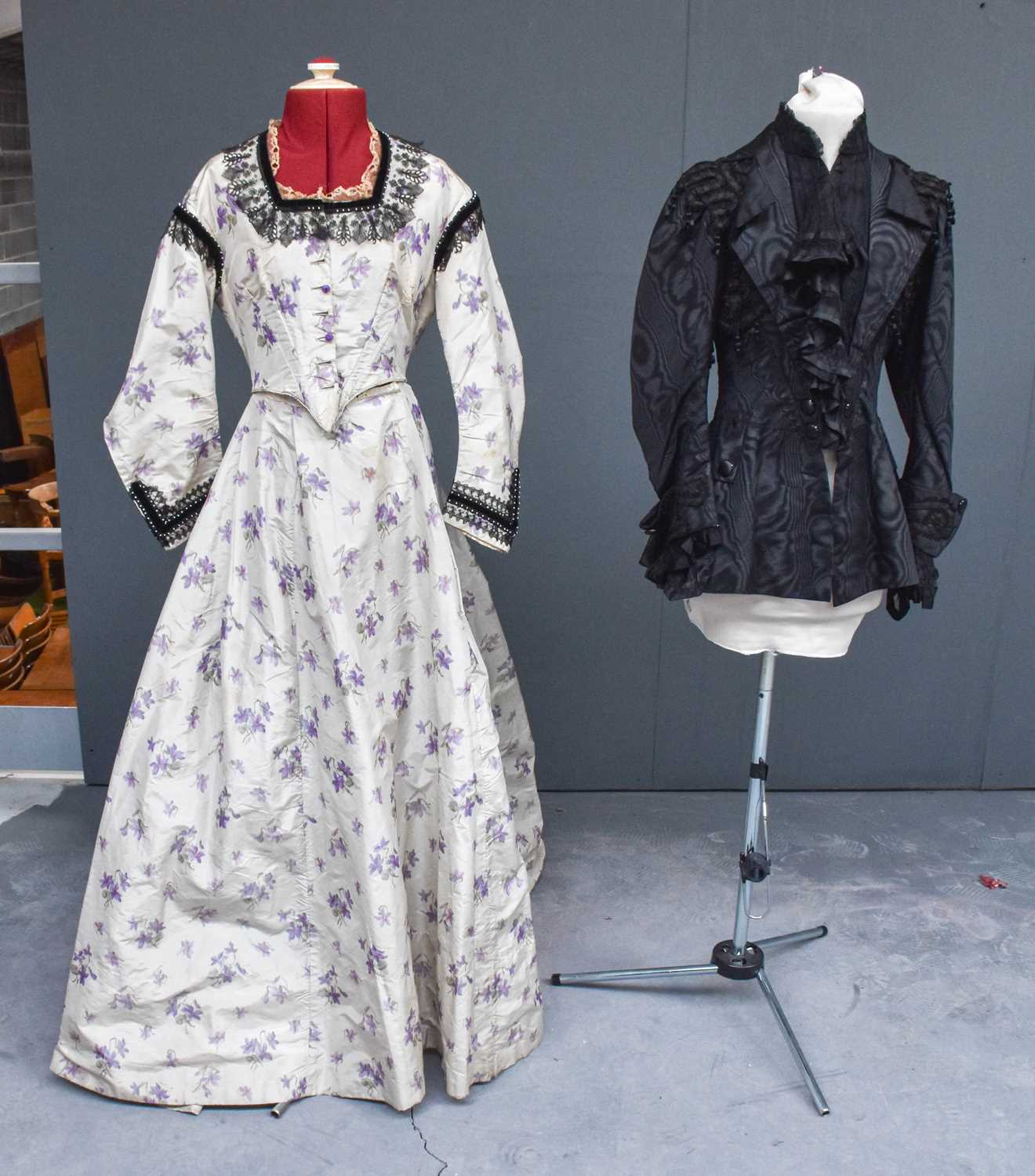 19th Century Cream Silk Dress printed with purple flowers, square neckline trimmed with black velvet