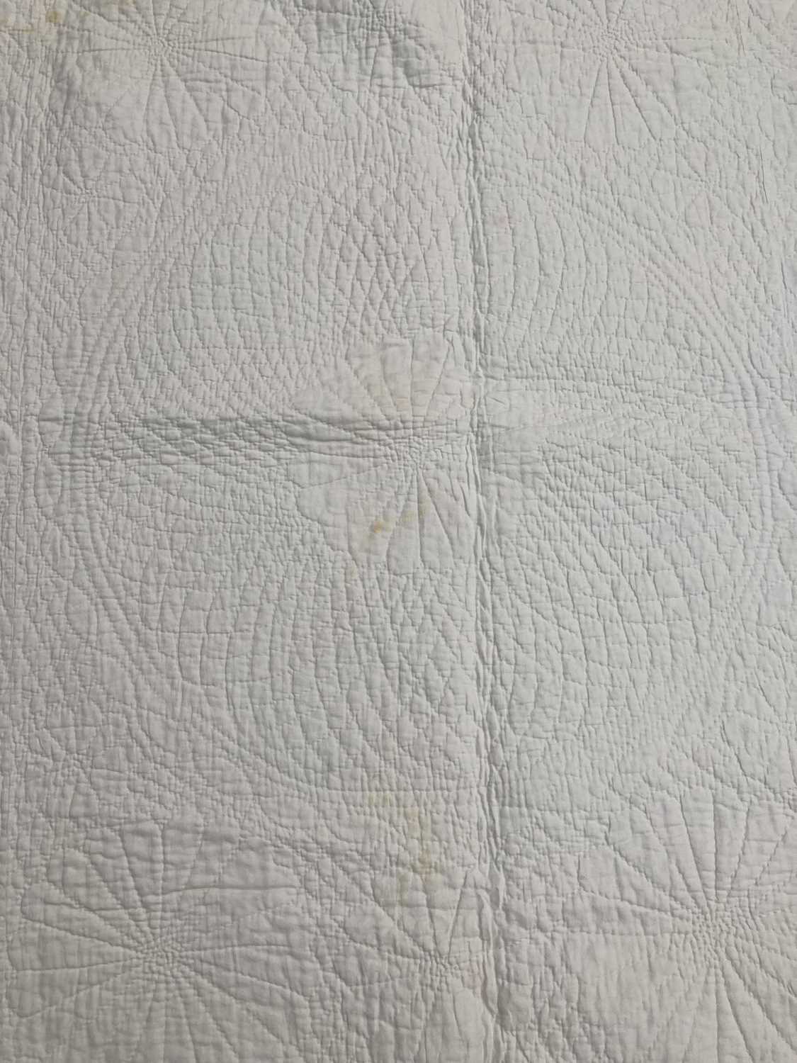 Late 19th Century White Cotton Whole Cloth Quilt, hand quilted with a central circle, flanked by - Image 8 of 9
