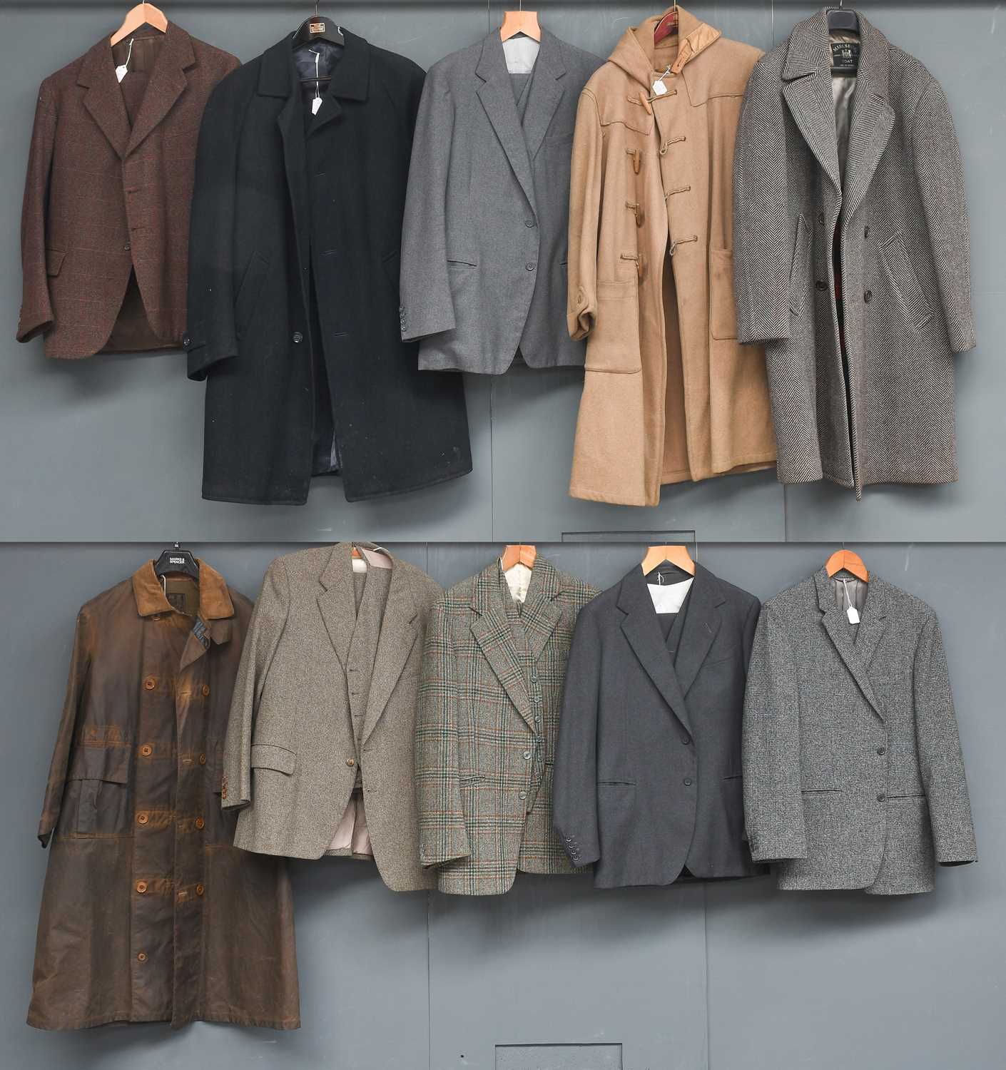 Assorted Gents Mid-20th Century Costume, comprising a Maenson green tweed check three piece suit