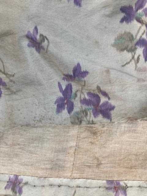 19th Century Cream Silk Dress printed with purple flowers, square neckline trimmed with black velvet - Image 21 of 21