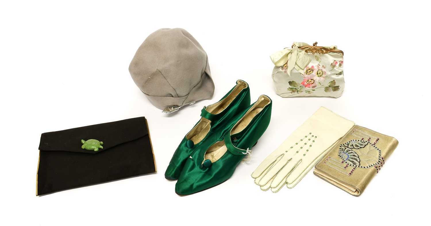 Assorted Early 20th Century and Later Costume Accessories, comprising a pair of emerald green silk