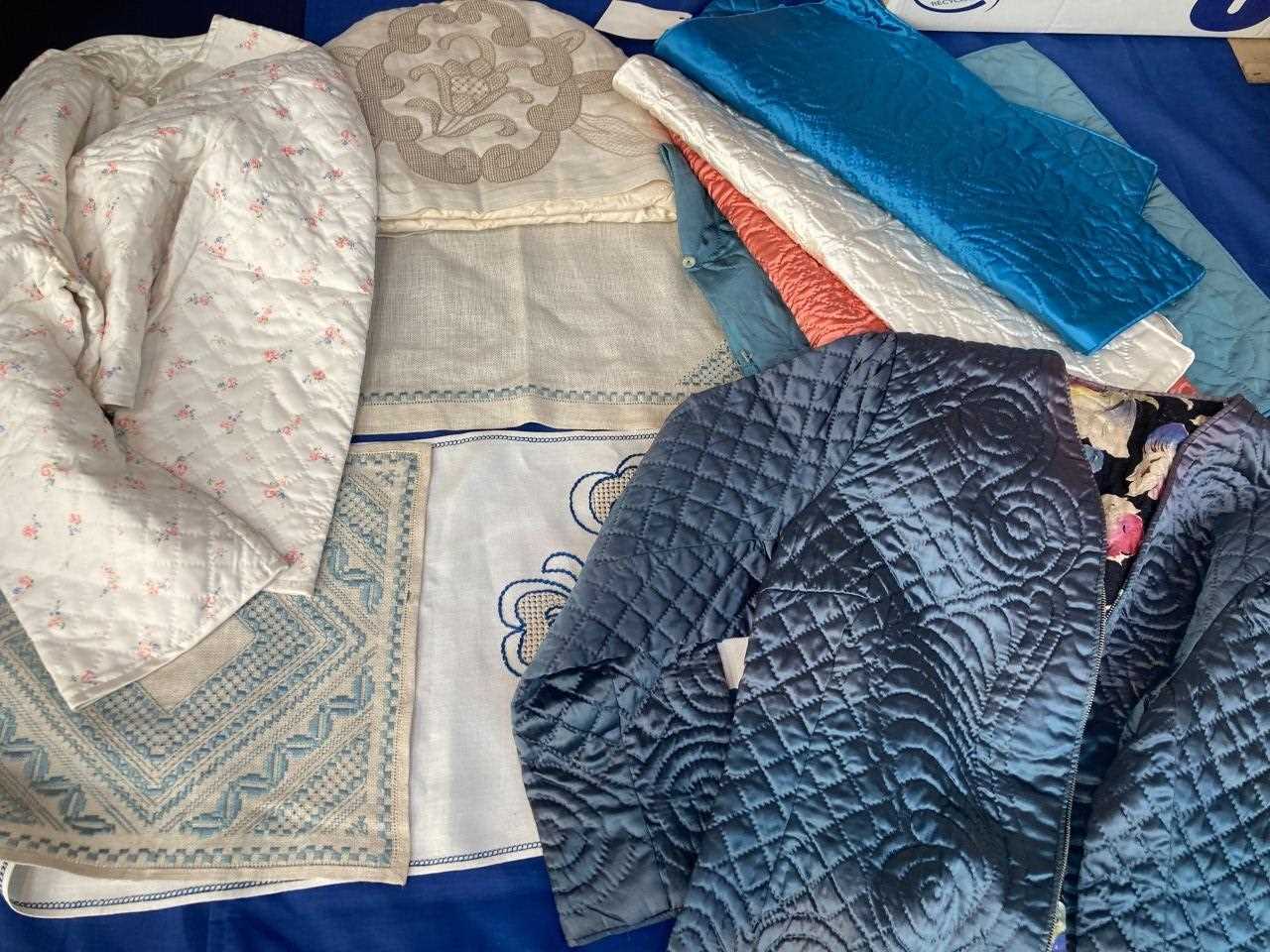 Collection of 20th Century Hand Quilted and Embroidered Decorative Items, comprising a blue silk bed