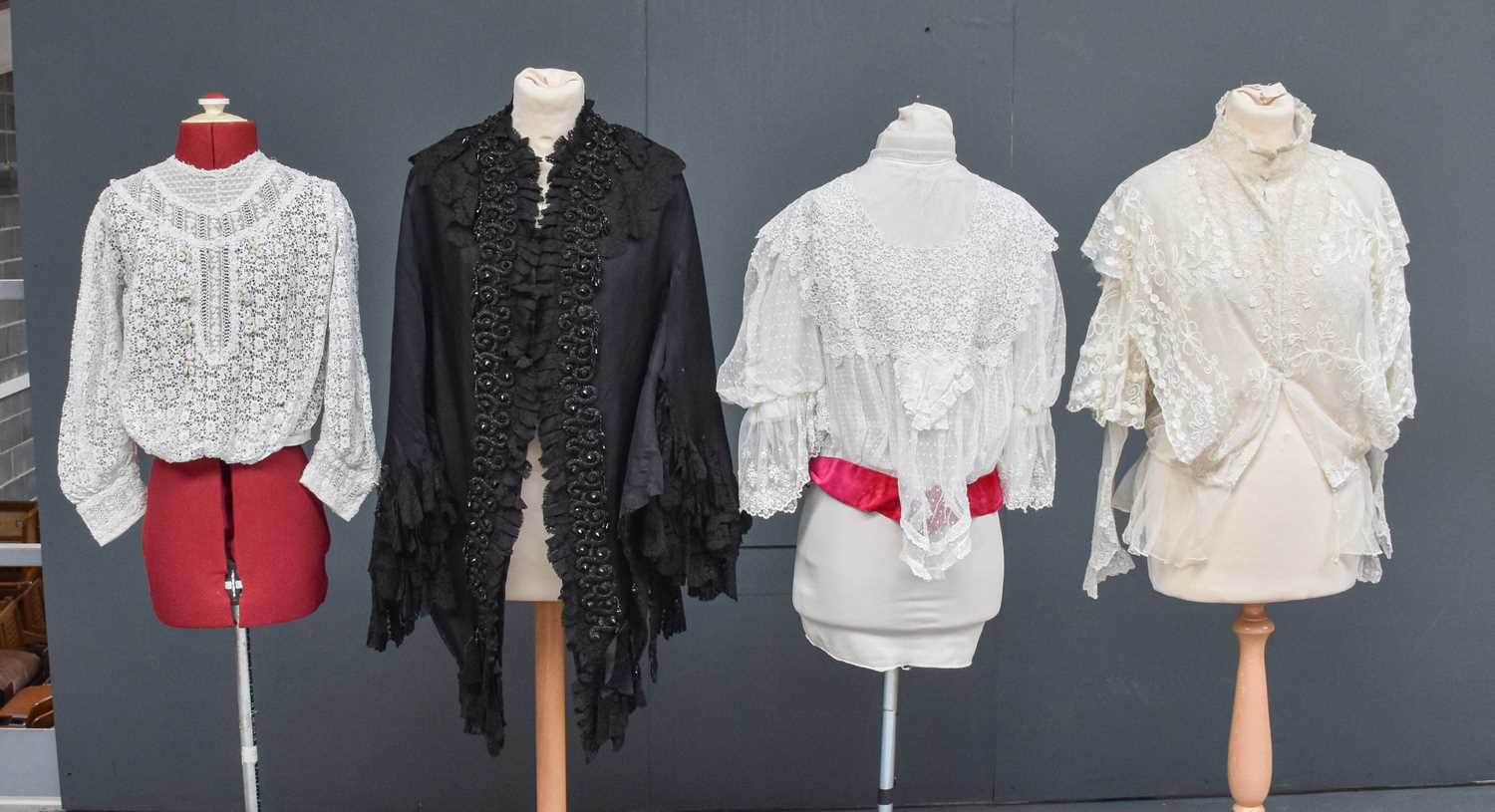 Late 19th Century Capes and Lace Chemises comprising a black velvet short sleeve bodice with - Image 2 of 3