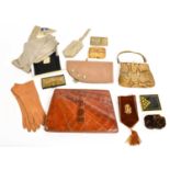 Assorted 20th Century Costume Accessories comprising a brown crocodile leather clutch bag in a