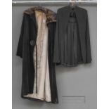 Circa 1920s Black Evening Coat of textured design with diagonal self woven stripes, long flared
