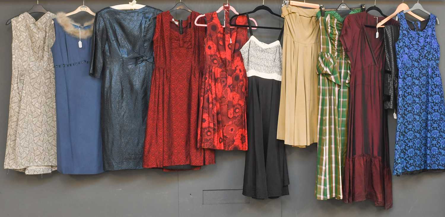 Circa 1950-60s Ladies Dresses, comprising a Marldena Model red and black woven sleeveless dress with