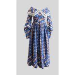 Mid 19th Century Blue Wool Dress, printed with floral and checked motifs, with a wide neckline and