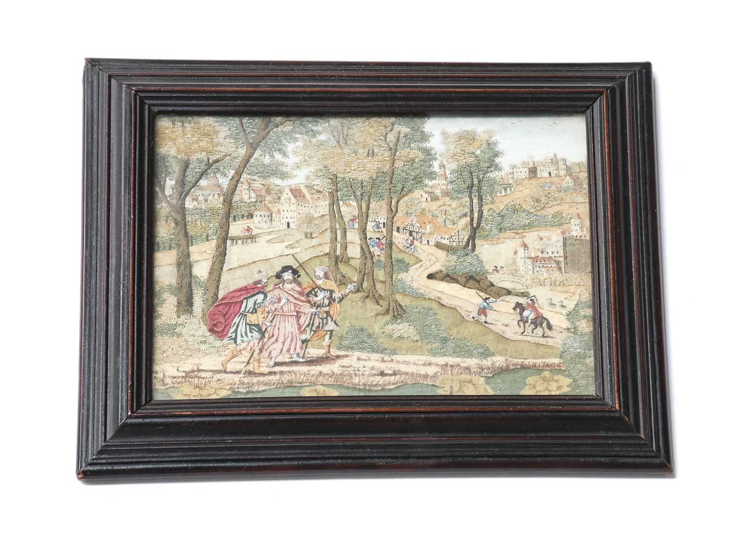 An Unusual 19th Century Continental Silk Work, Applique and Embroidered Picture depicting figures on