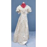 Mid 19th Century Cream Silk Dress, self woven with tiny self coloured checks overall and embroidered