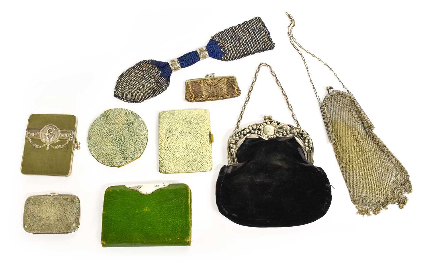 Assorted 20th Century Costume Accessories comprising a Whiting & Davis chain mail mesh baggrey suede