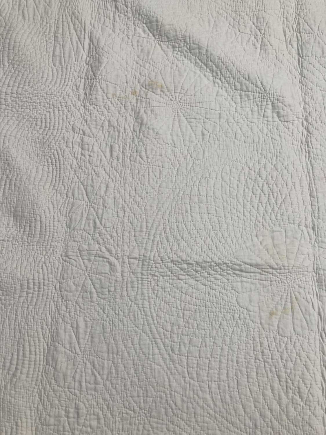 Late 19th Century White Cotton Whole Cloth Quilt, hand quilted with a central circle, flanked by - Image 3 of 9