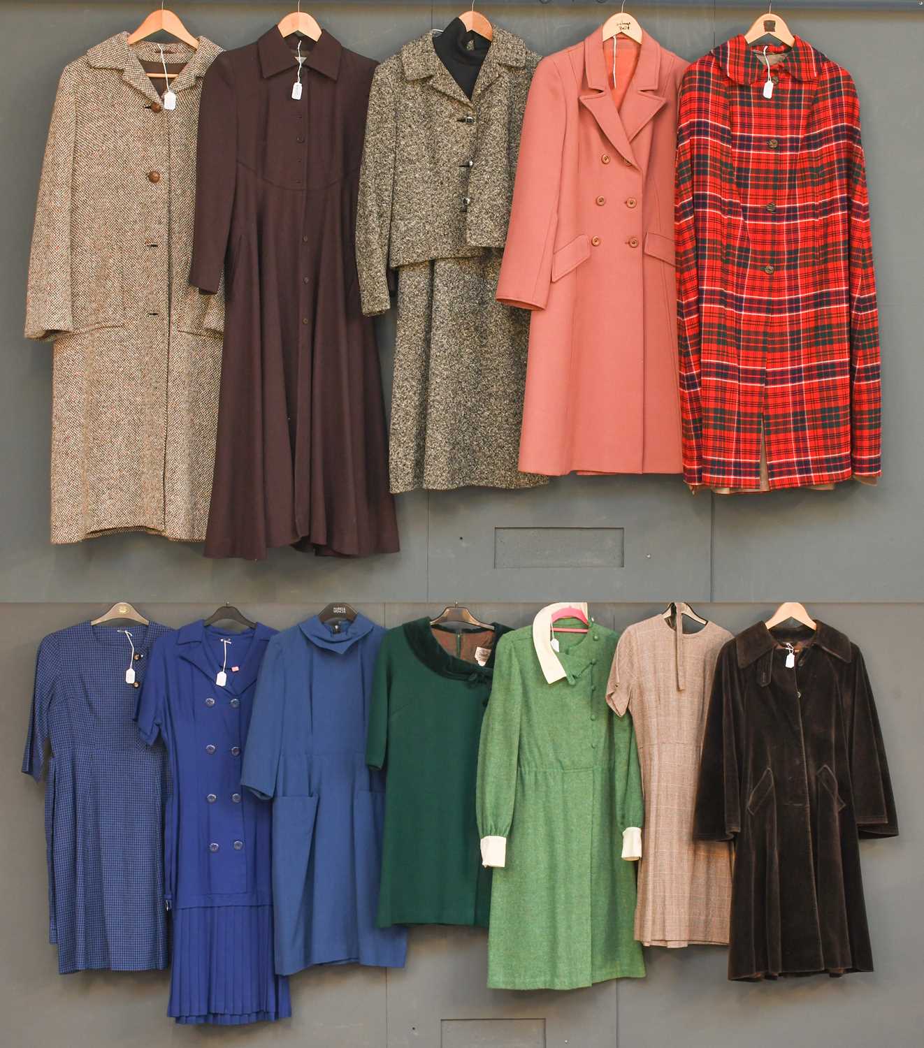 Circa 1950-60s Day Wear and Coats, comprising a wool checked short sleeve shift dress, scooped