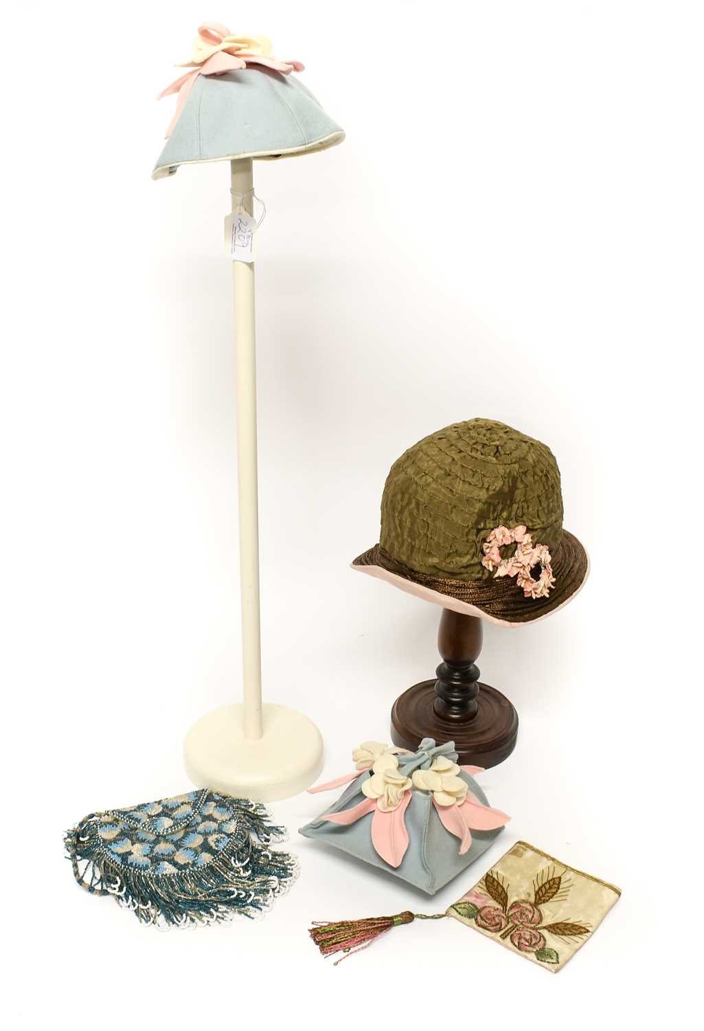 Assorted 20th Century Costume Accessories comprising a child's pale blue felt skull cap with pink