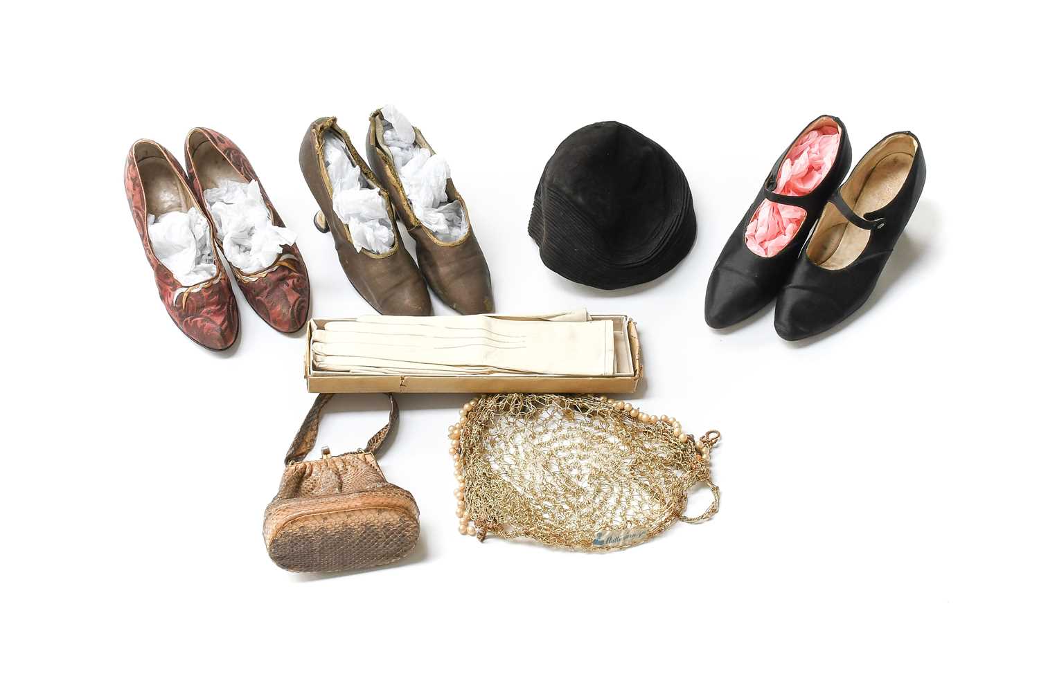 Assorted Early 20th Century Costume Accessories, comprising a pair of N Grecot Paris shoes with silk
