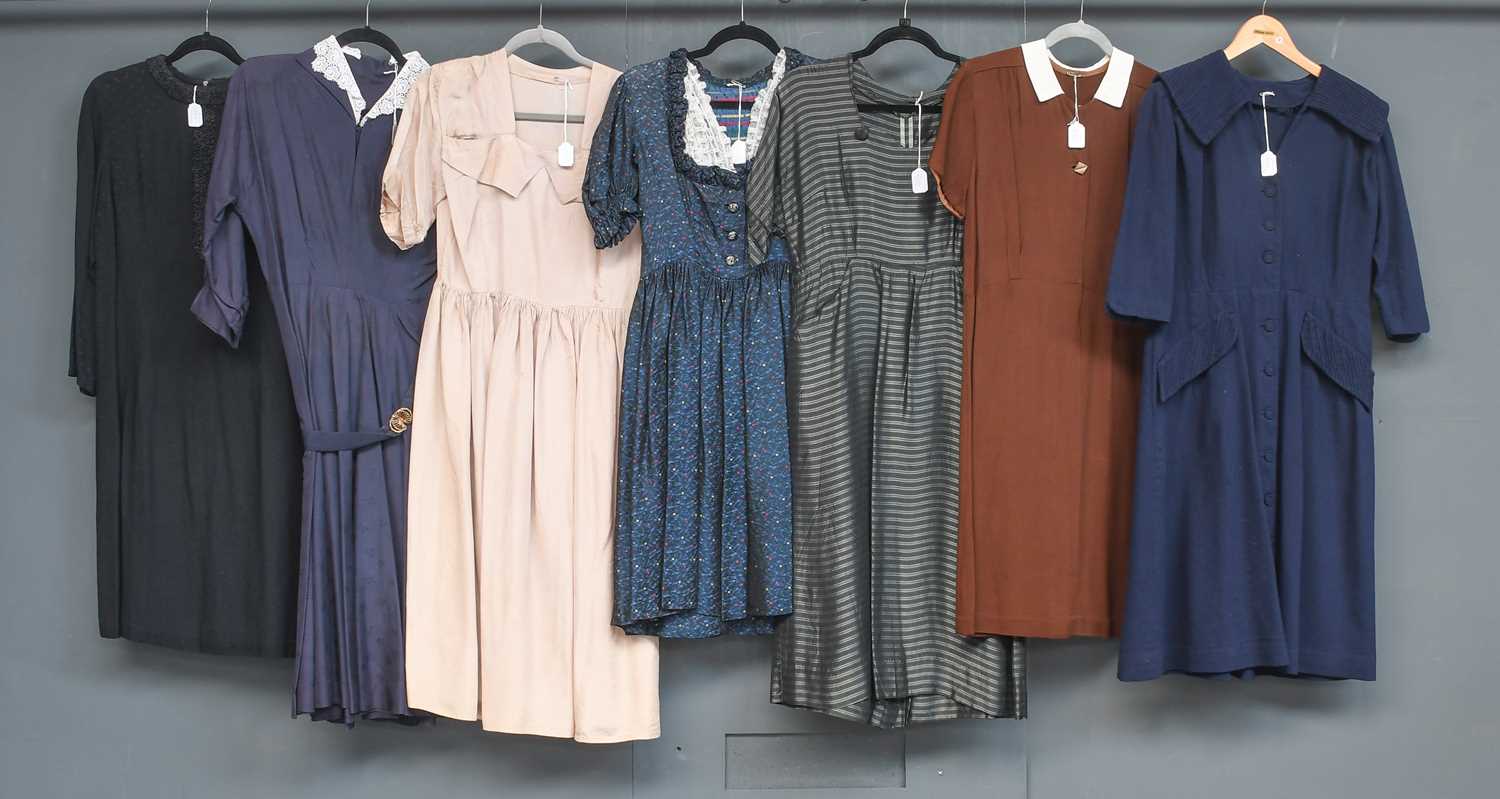 Circa 1940s and 1950s Day Dresses, comprising a black, grey and green striped metallic dress with - Image 2 of 16