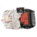 Assorted Decorative Costume and Textiles, comprising a pale grey silk Japanese kimono embroidered