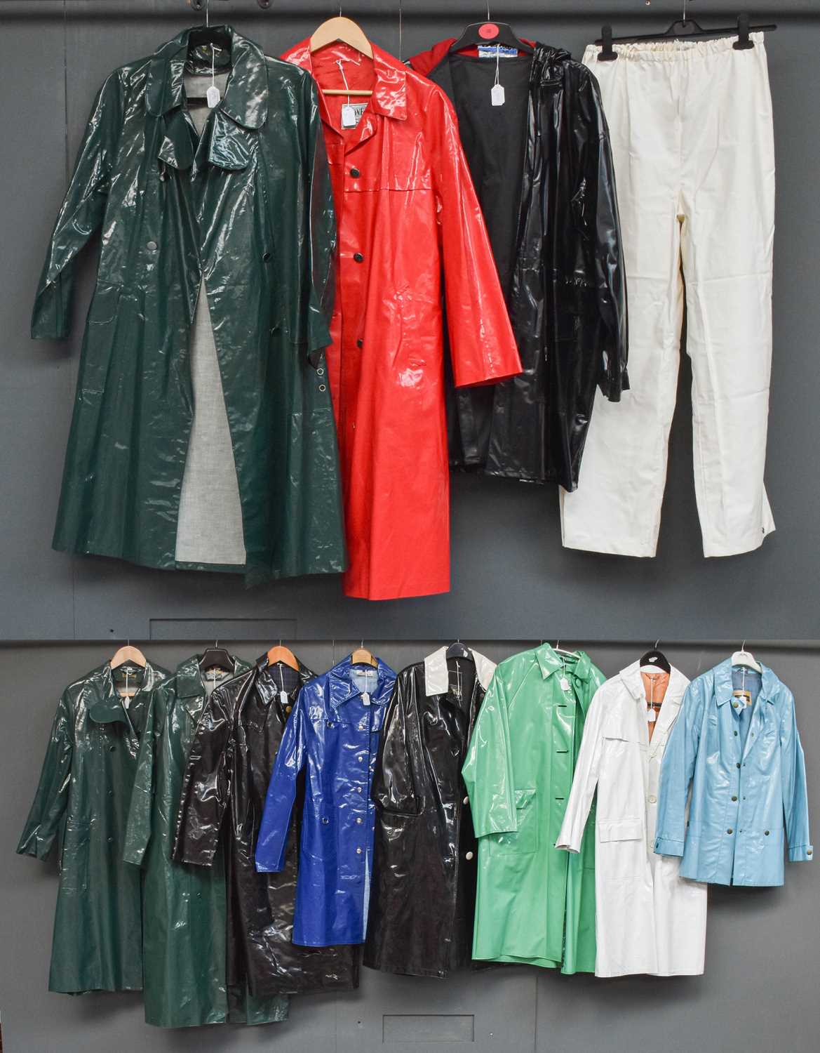 Circa 1970s and Later PVC Raincoats and one pair of PVC trousers including the following labels;