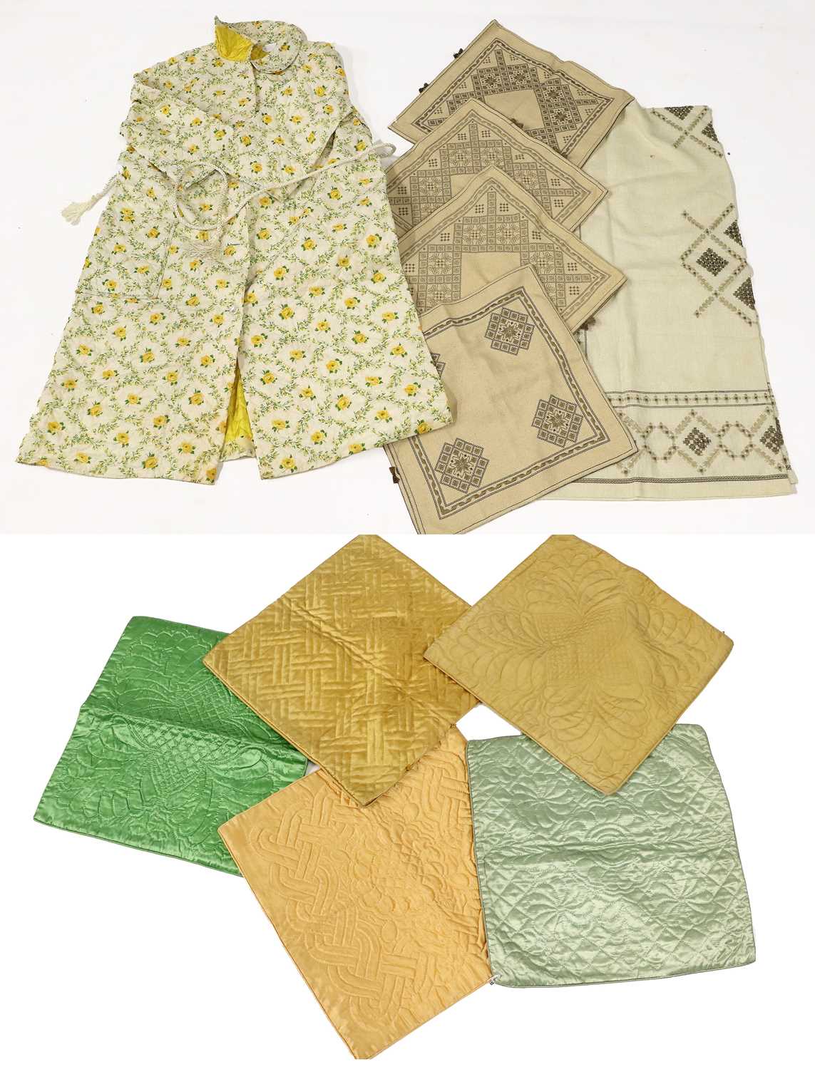 Decorative 20th Century Hand Quilted Items, comprising a yellow rose quilted long dressing