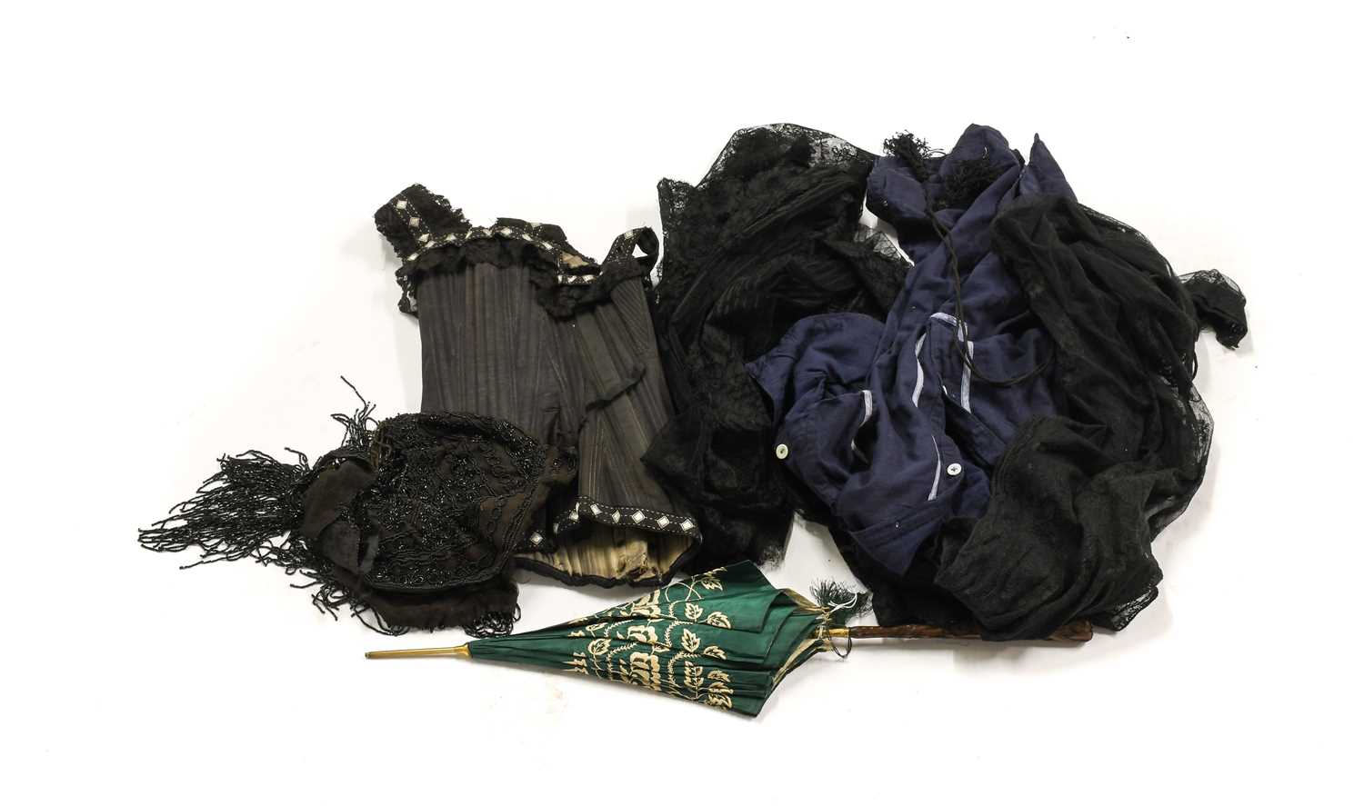 Assorted 19th Century and Later Costume and Accessories, comprising a green silk parasol with
