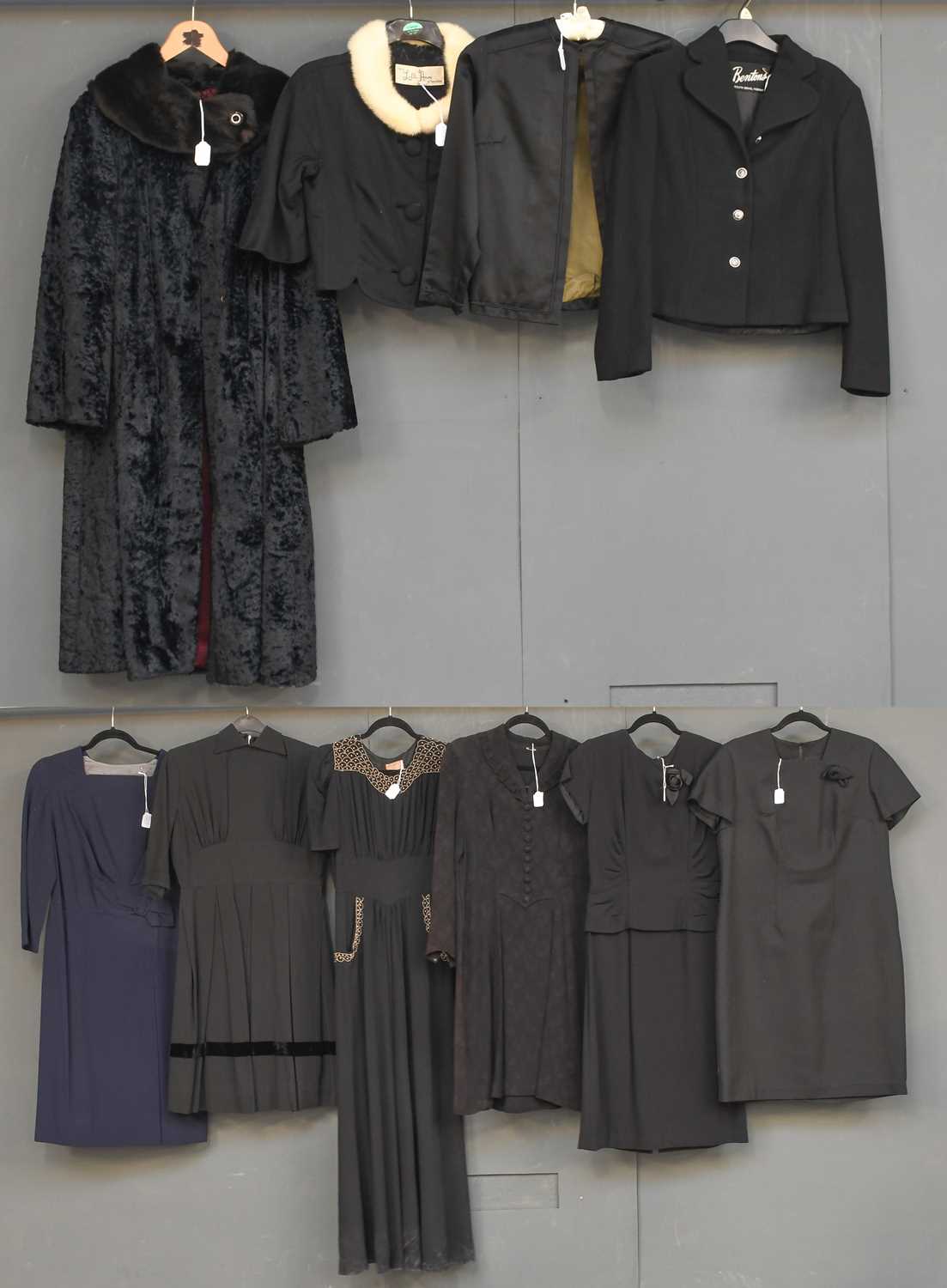 Circa 1950s and Later Occasion Dresses and Coats, comprising a Schüza Kleid black textured shift