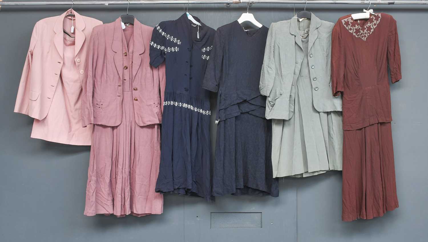 Circa 1940-50s Dresses, comprising a Nettie Vogue blue and black striped wool dress with three - Image 2 of 11
