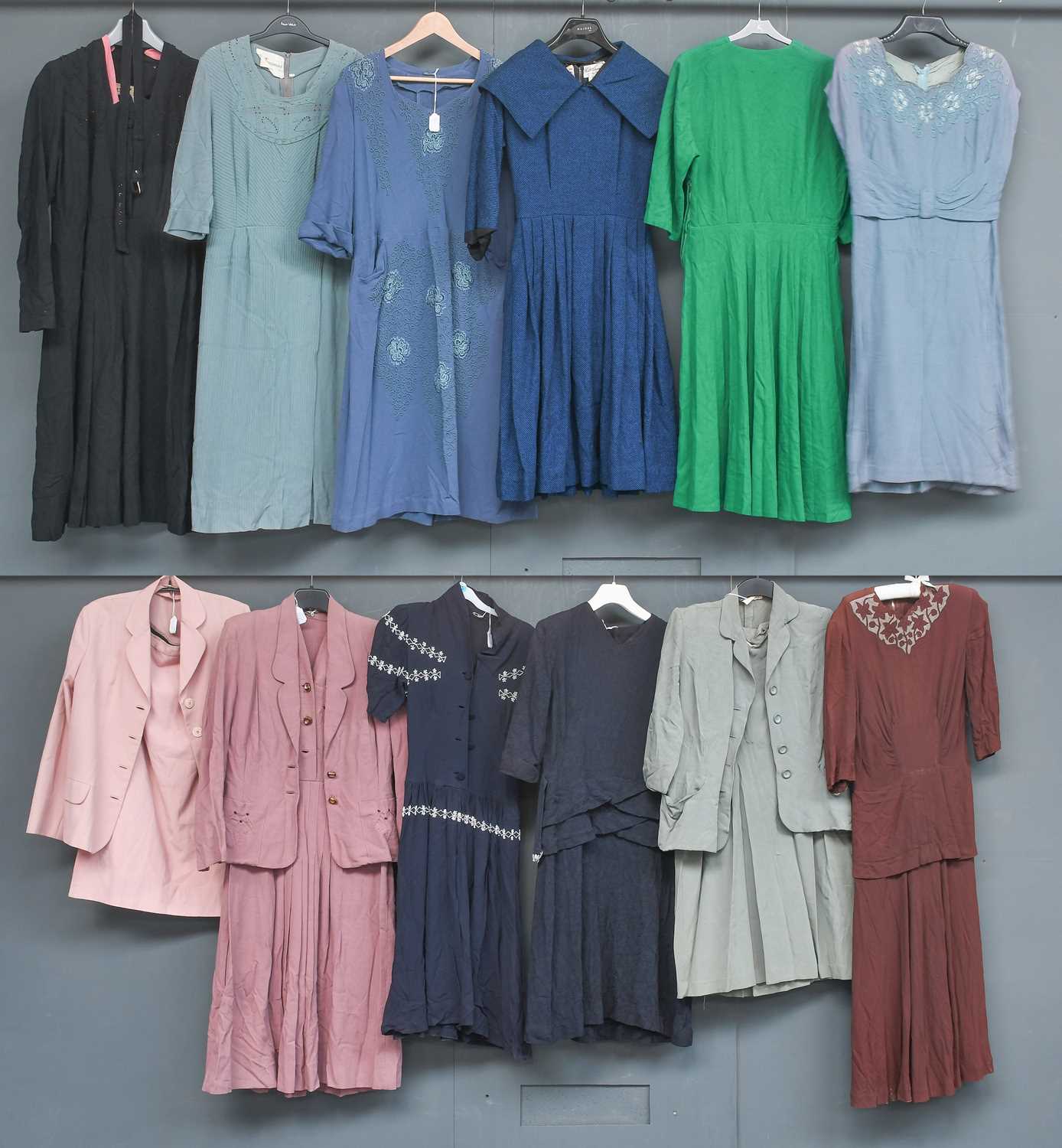 Circa 1940-50s Dresses, comprising a Nettie Vogue blue and black striped wool dress with three