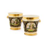 A Pair of Paris Porcelain Cache Pots and Stands, circa 1830, of tapering cylindrical form with