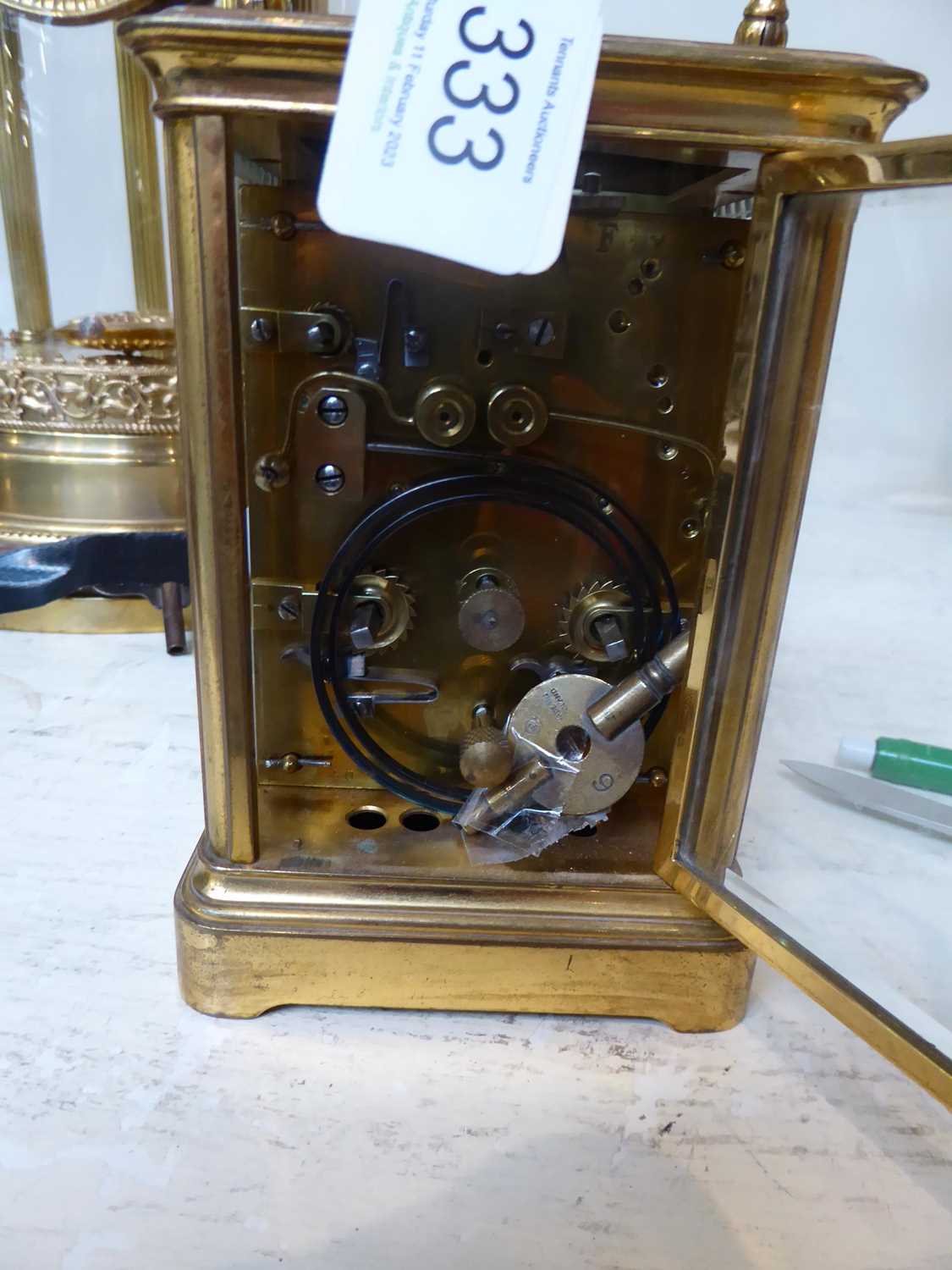 A Brass Strike and Repeat Alarm Carriage Clock, circa 1900, 18cm high over handleMovement in going - Image 3 of 3