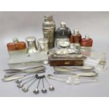 A Tray of Mainly Silver Plated Items, including four hip flasks, one with snakeskin mount; a