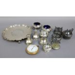 A Collection of Assorted Silver, including a waiter, various silver condiment items and two pocket