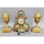 A Gilt Metal and Porcelain Mantel Timepiece, with associated gilt metal urn shaped garnitures, clock