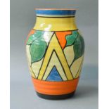 A Clarice Cliff Bizarre Range Isis Vase, decorated in the 'Double V' pattern, printed marks,
