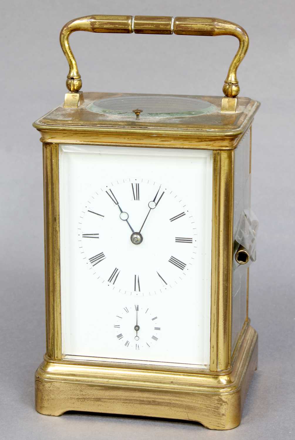 A Brass Strike and Repeat Alarm Carriage Clock, circa 1900, 18cm high over handleMovement in going