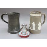 An 18th-century Pewter Mug, together with a Millefiori glass bottle and a sprigged jug with pewter