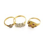 A 9 Carat Gold Ruby Ring, finger size O; A Diamond Cluster Ring, stamped ‘18CT’ and ‘PLAT’, finger