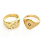 A 9 Carat Gold Diamond Signet Ring, finger size Q; and A 14 Carat Gold White Stone Signet Ring,