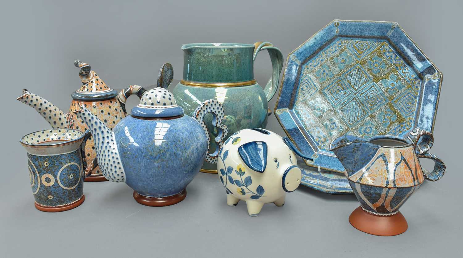 A Collection of Studio Pottery, including two Morgen Hall teapots, pedestal jug and a mug, Tobias