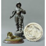 A Bronze Figure of a 17th Century Spanish Soldier, a small bronze figure, of the dying Gaul, and a