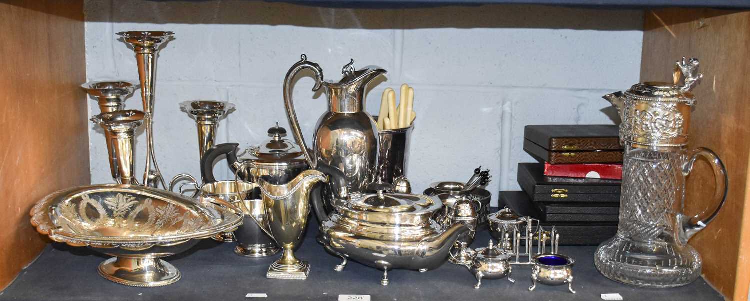 A Quantity of Silver Plate Items, including a cut glass claret jug with mounts, teawares, cased